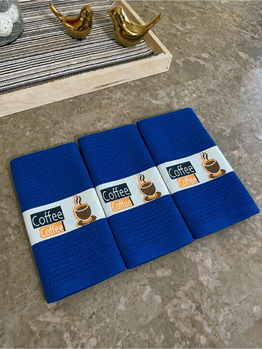 YNS Generic Royal Blue Coffee Motif Waffle Kitchen Towels - Set of 3